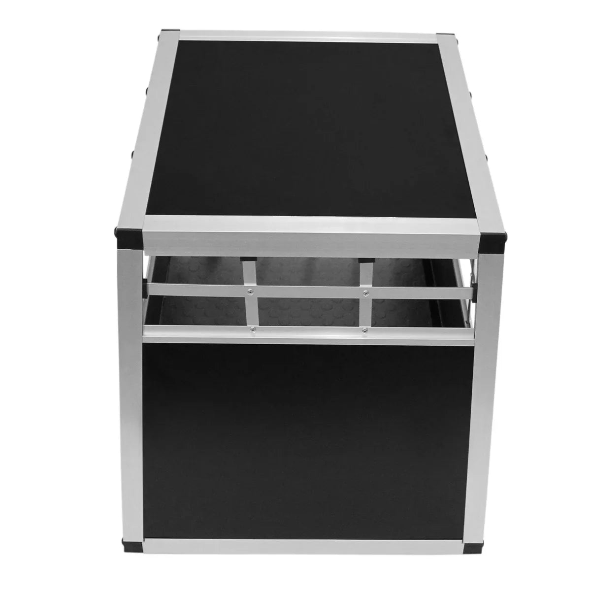 Small black car dog pet crate with a single door, featuring an aluminum frame and a textured interior for comfort and security