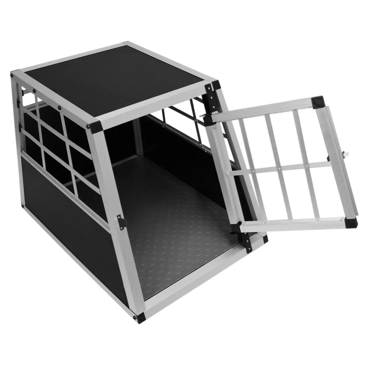 Small car dog crate with a single door, featuring a sturdy aluminum frame, black textured surface, and a spacious interior for pets