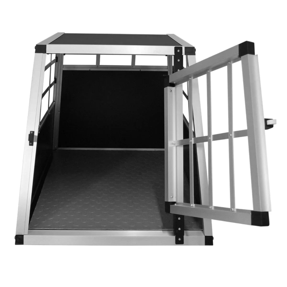 Small dog crate with a single door, featuring a sturdy aluminum frame, textured black floor, and open design for easy access