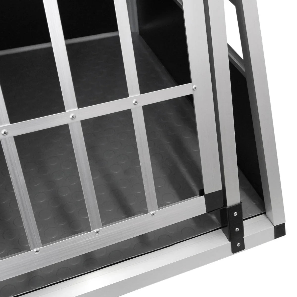 Durable small dog crate with a single door, featuring a sturdy aluminum frame and textured rubber flooring for safety and comfort