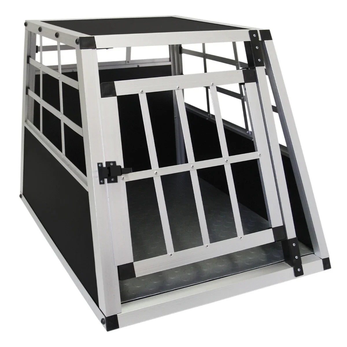Small single door car dog pet crate with a sturdy aluminum frame, black panels, and a textured floor for secure travel
