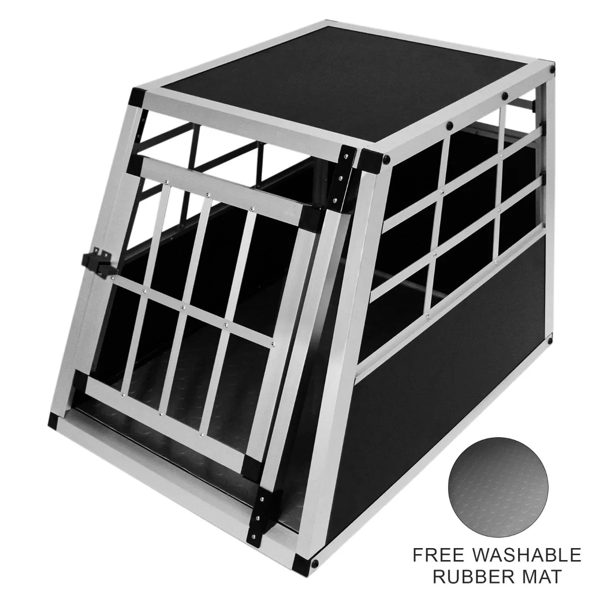 Small single door car dog crate with a sturdy aluminum frame, black panels, and a free washable rubber mat for easy cleaning
