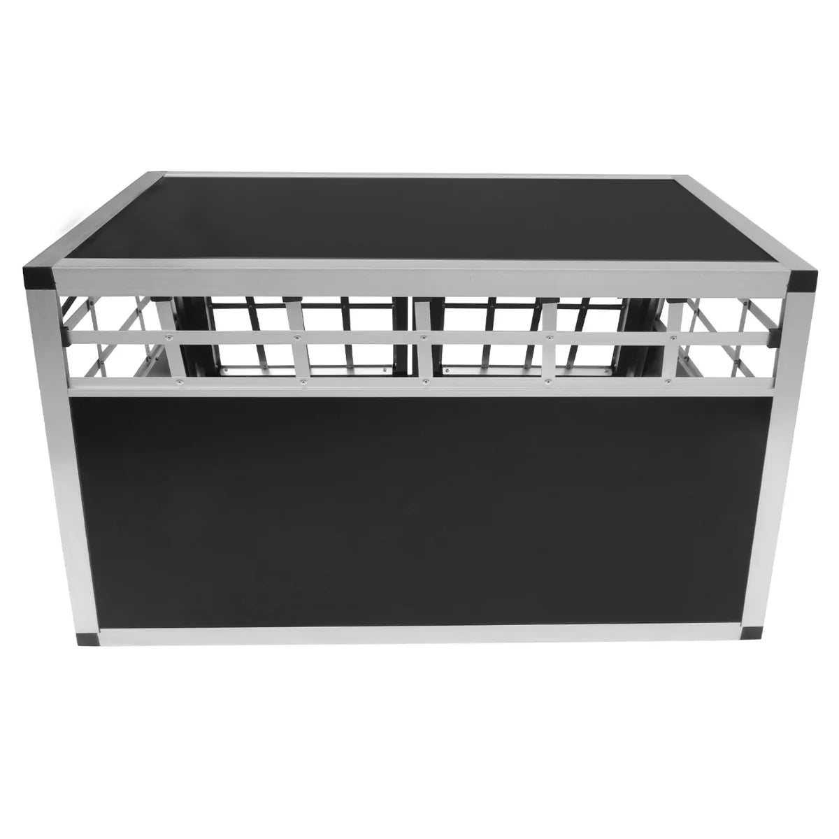 Small double-door car dog crate featuring a sleek black design with sturdy metal frame and ventilation slats for comfort