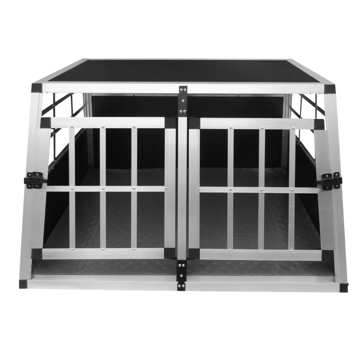Small car dog pet crate with double doors, featuring a sturdy aluminum frame, black textured base, and secure metal bars for ventilation