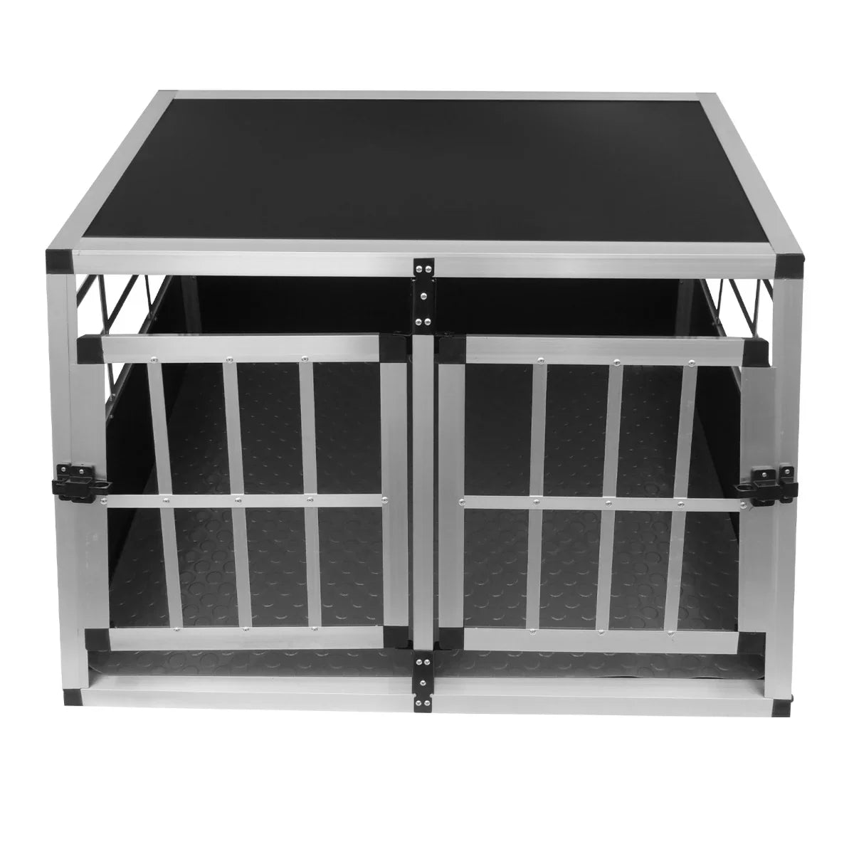 Small double-door car dog crate with a sturdy aluminum frame, black textured floor, and secure metal bars for ventilation