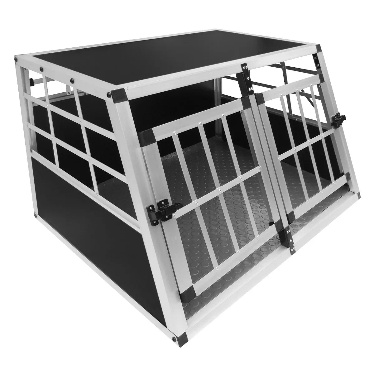 Small double-door car dog crate featuring a sturdy aluminum frame, black panels, and a textured floor for secure pet transport