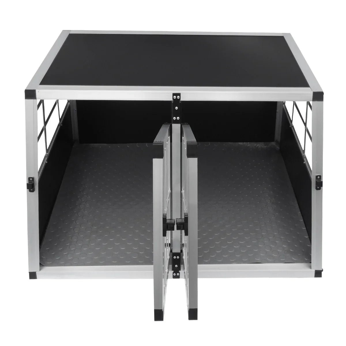 Small double-door car dog crate with a sturdy aluminum frame, black textured surface, and spacious interior for pet comfort