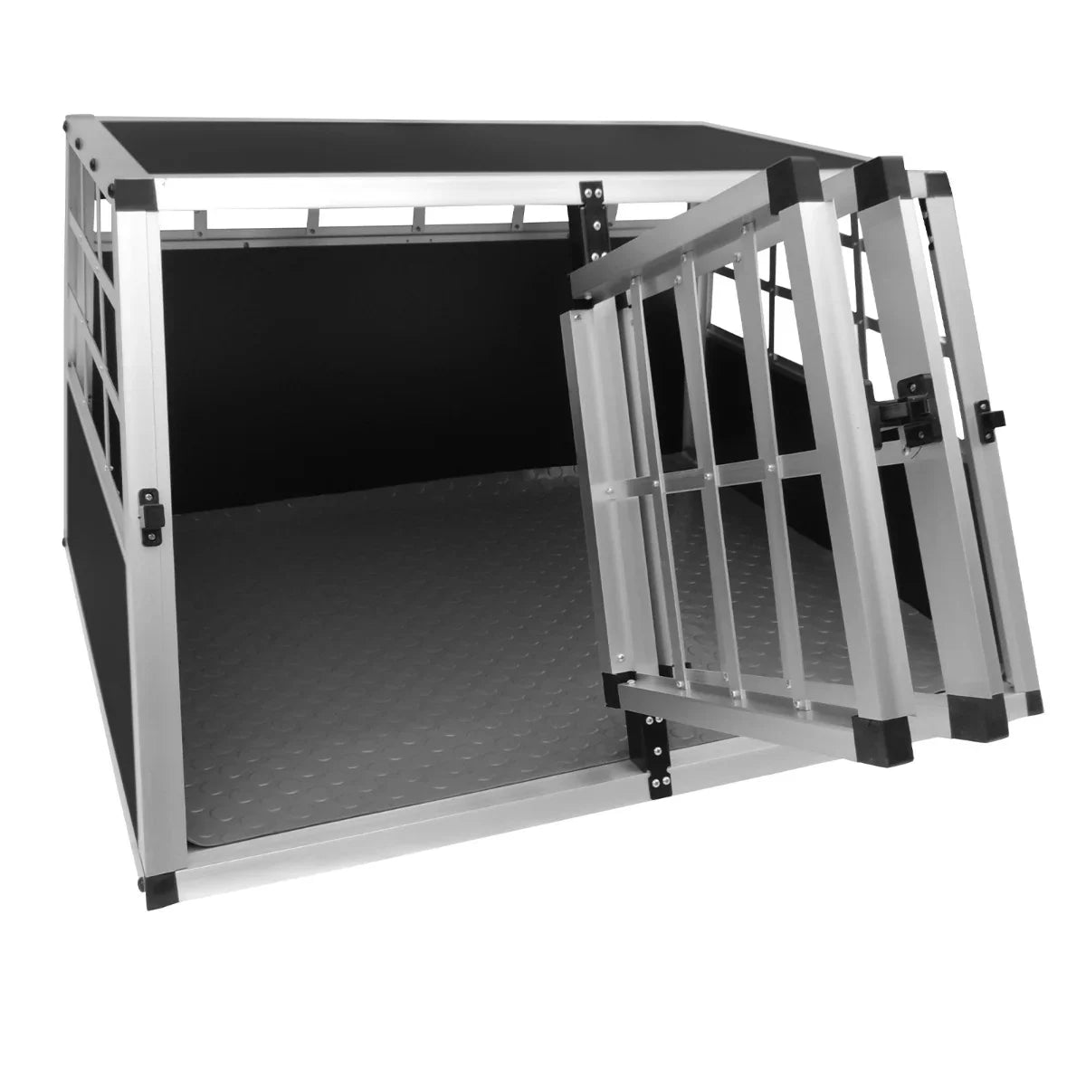 Small car dog pet crate with double doors, featuring a sturdy aluminum frame, textured black interior, and a durable, easy-to-clean floor