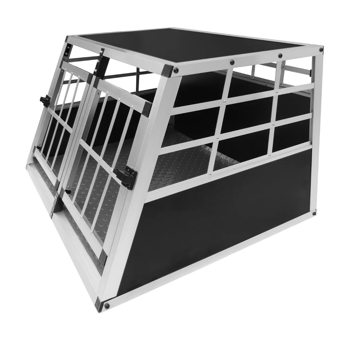 Small car dog pet crate with double doors, featuring a sturdy aluminum frame, black finish, and diamond plate texture for durability