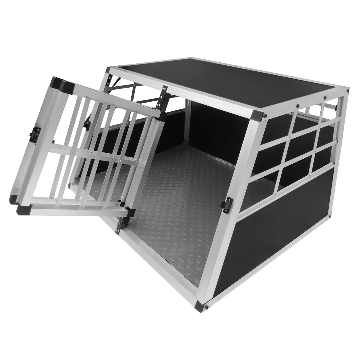 Small car dog crate with double doors, aluminum frame, black finish, and textured floor for secure pet transport