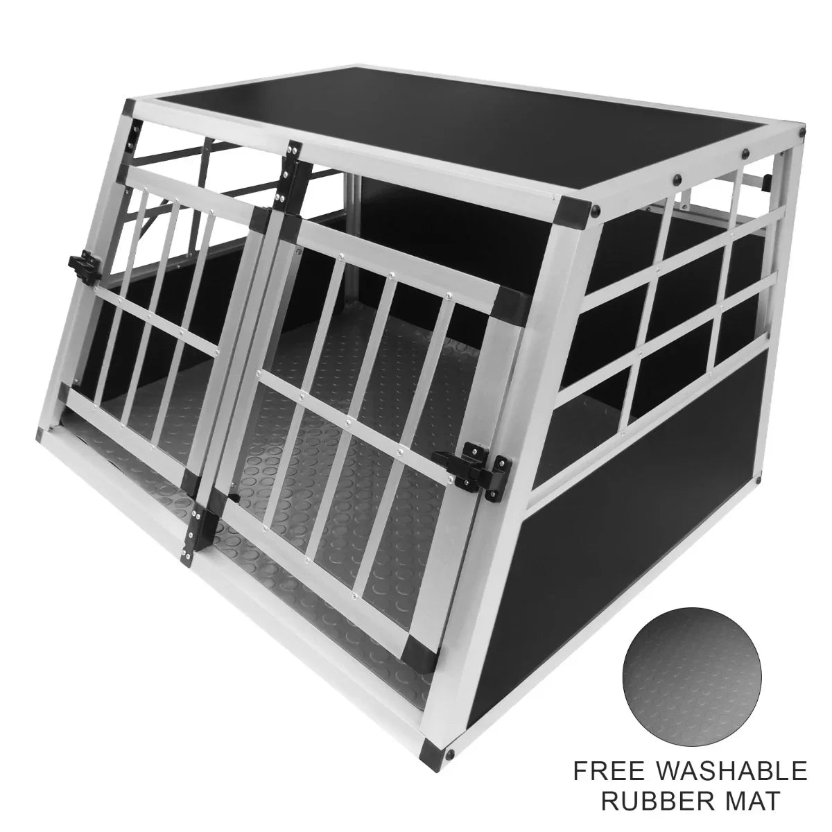 Small double-door car dog crate with aluminum frame, black panels, and a textured rubber mat for easy cleaning and comfort