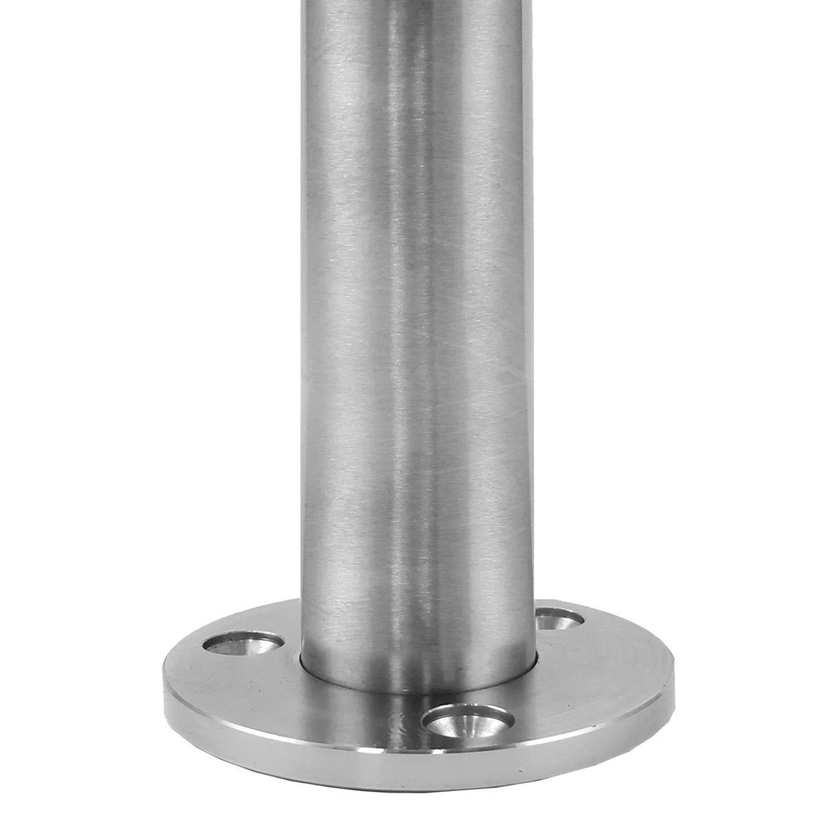 Stainless steel balustrade end post, 90cm high, featuring a sleek cylindrical design with a polished finish and sturdy base plate