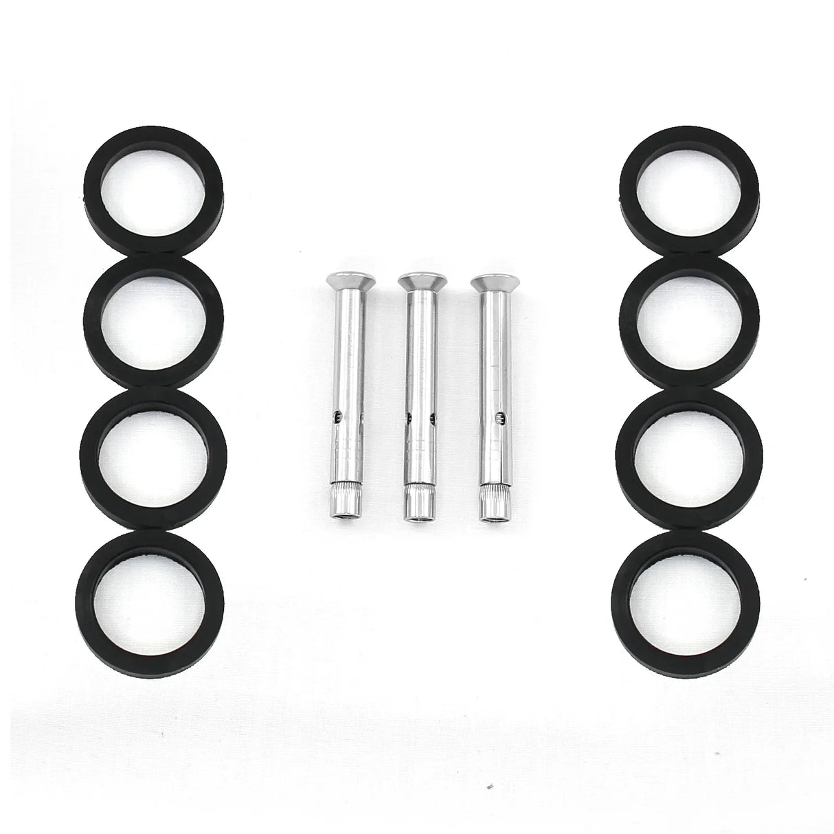 Stainless steel balustrade end post components including black rubber rings and silver screws, designed for secure installation