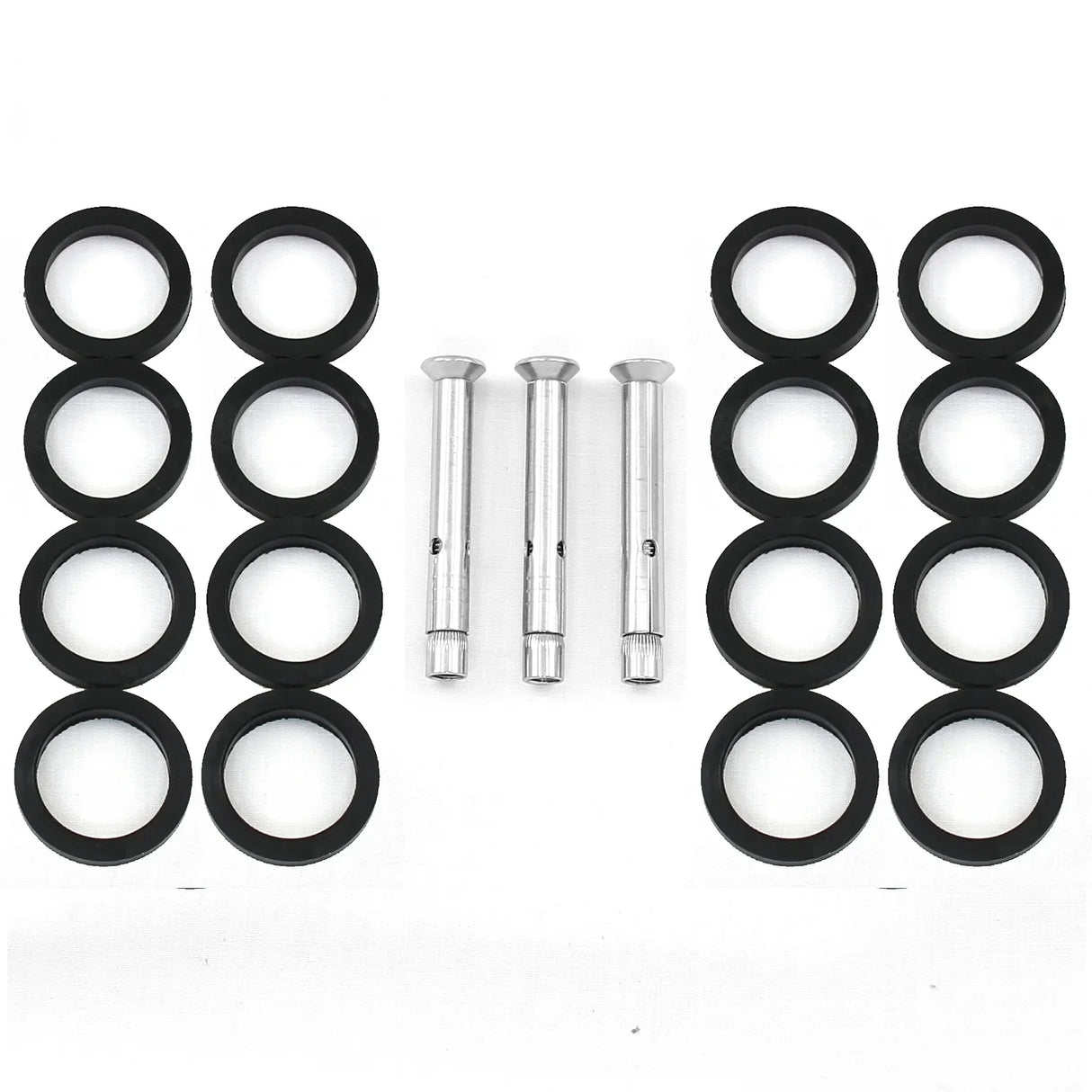 Stainless steel balustrade mid post components including black rubber rings and silver bolts, designed for secure installation