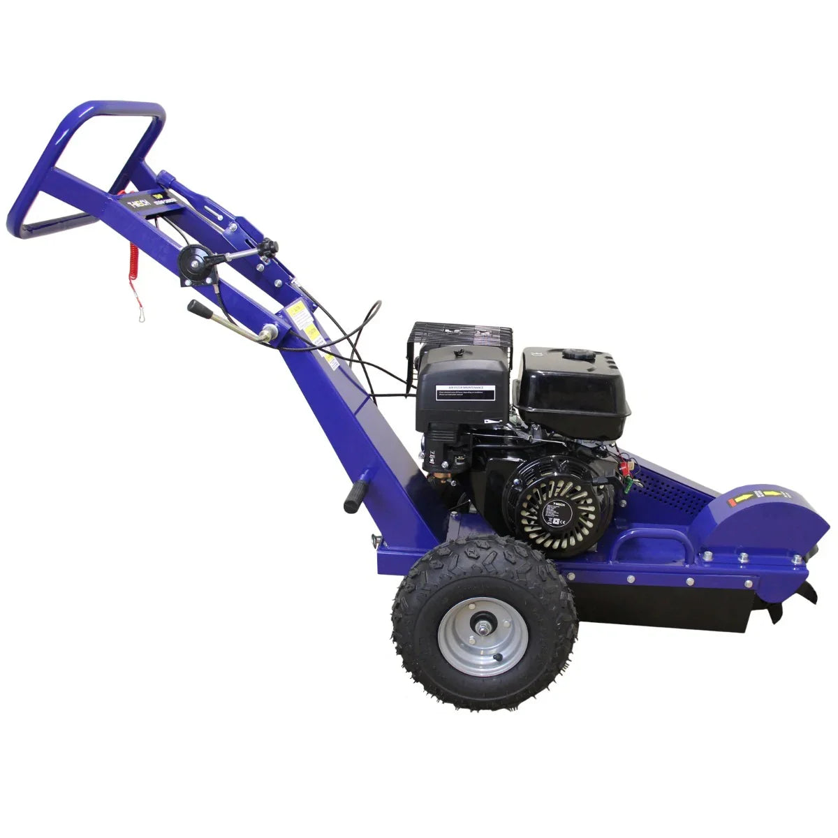 T-Mech 15HP stump grinder in vibrant blue, featuring a robust engine, sturdy wheels, and a compact design for efficient grinding