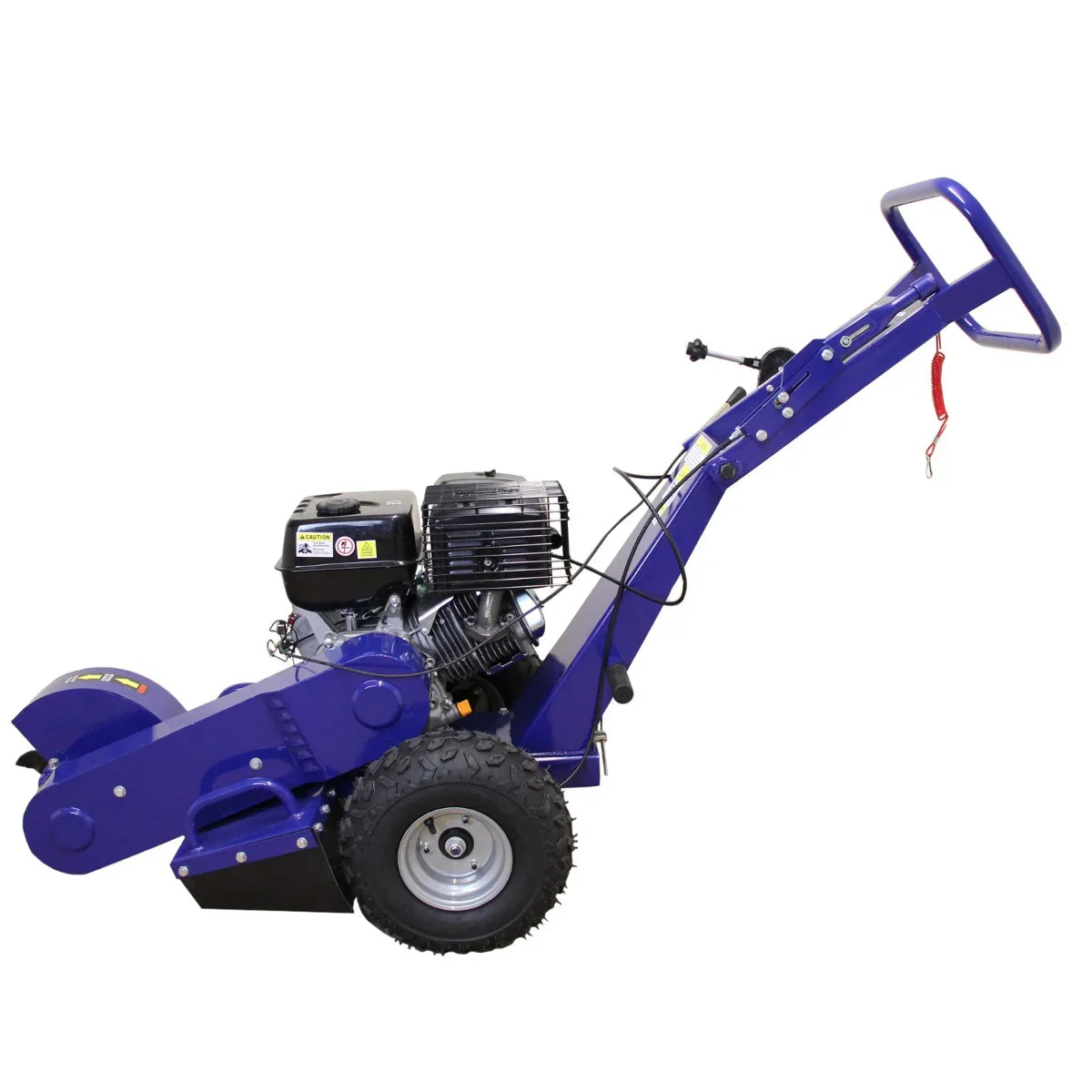 T-Mech 15HP stump grinder in vibrant blue, featuring a powerful engine, sturdy wheels, and an ergonomic handle for easy maneuverability