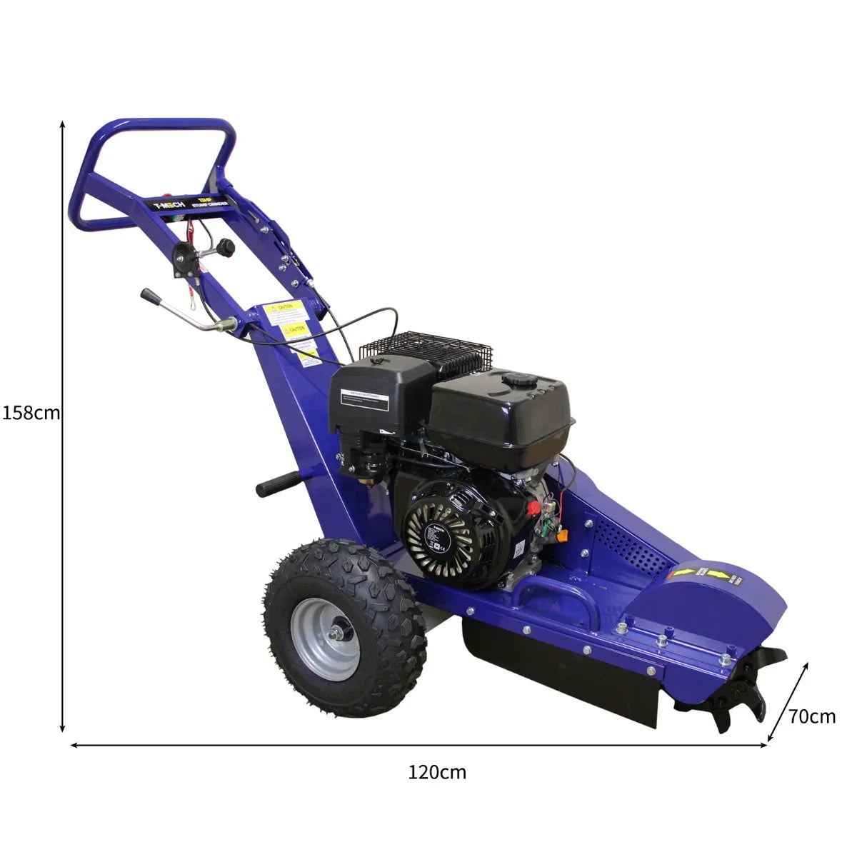T-Mech 15HP stump grinder in vibrant blue with sturdy wheels, powerful engine, and ergonomic handle for efficient tree stump removal