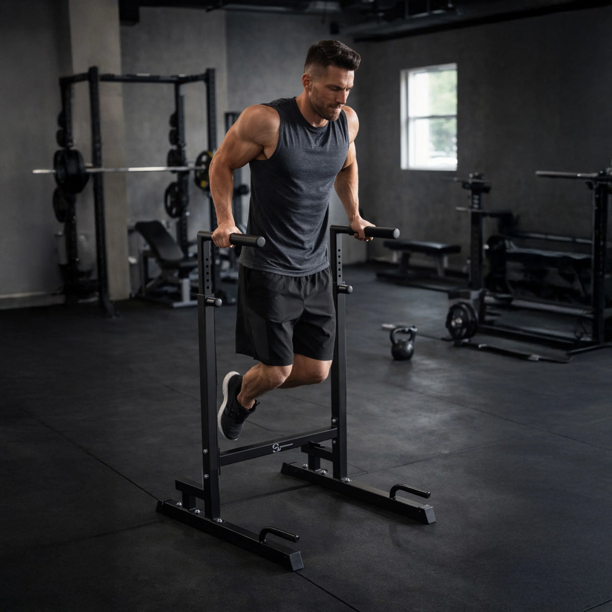 Athlete performing dips on sturdy black parallettes dip bars XL in a modern gym setting with weights in the background
