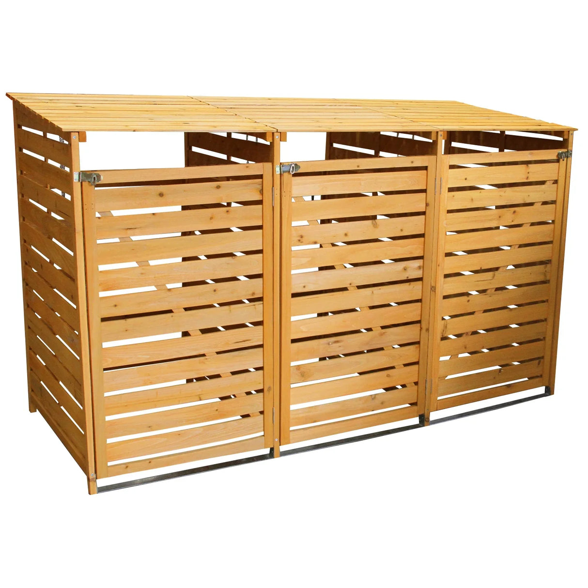 Triple wheelie bin storage made of natural wood, featuring three compartments with slatted design and a sloped roof for rain protection