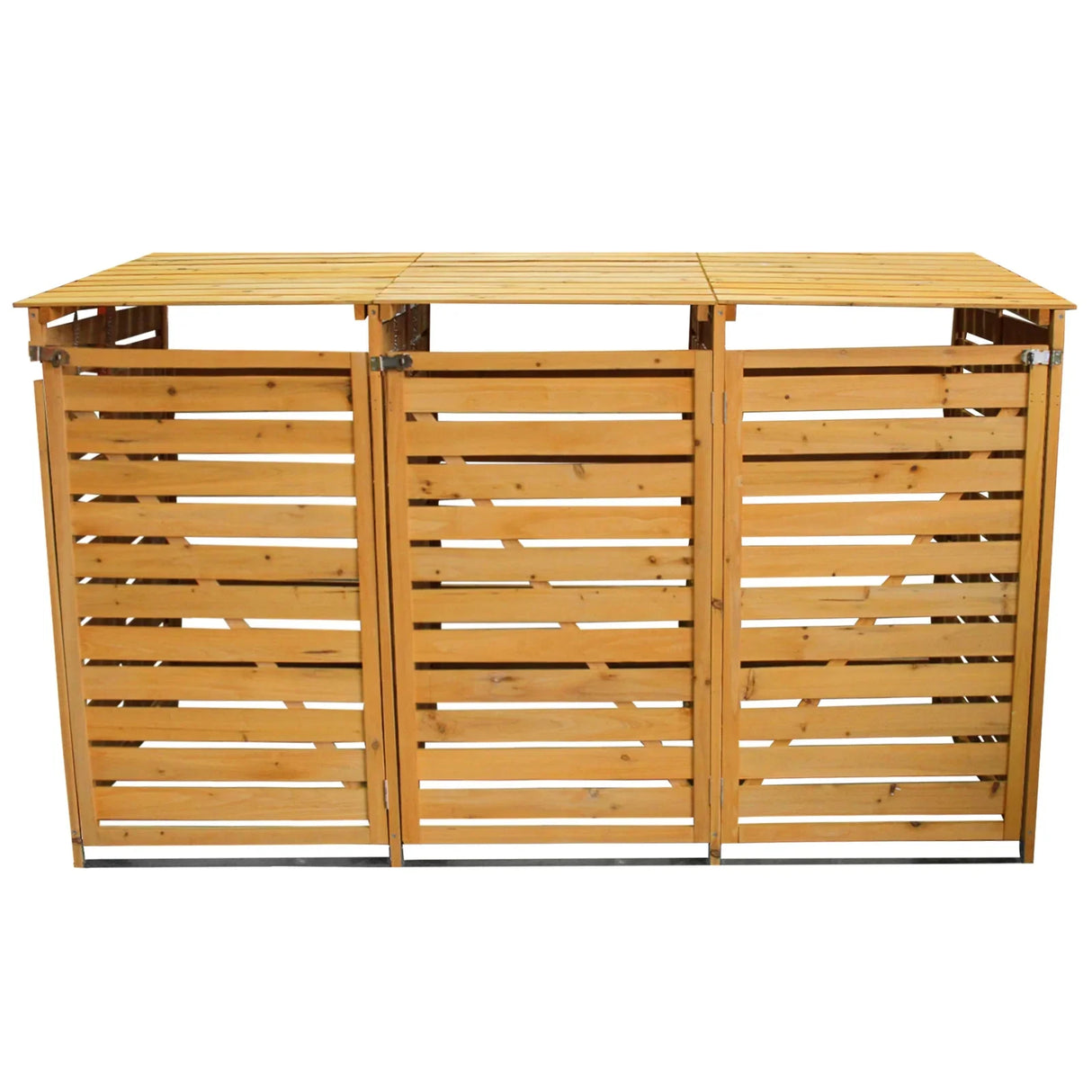 Triple wheelie bin storage unit with three compartments, made of natural wood with a slatted design and a slatted roof for ventilation