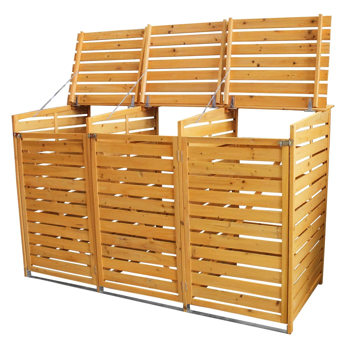 Triple wheelie bin storage made of natural wood, featuring three compartments with slatted design and hinged lids for easy access