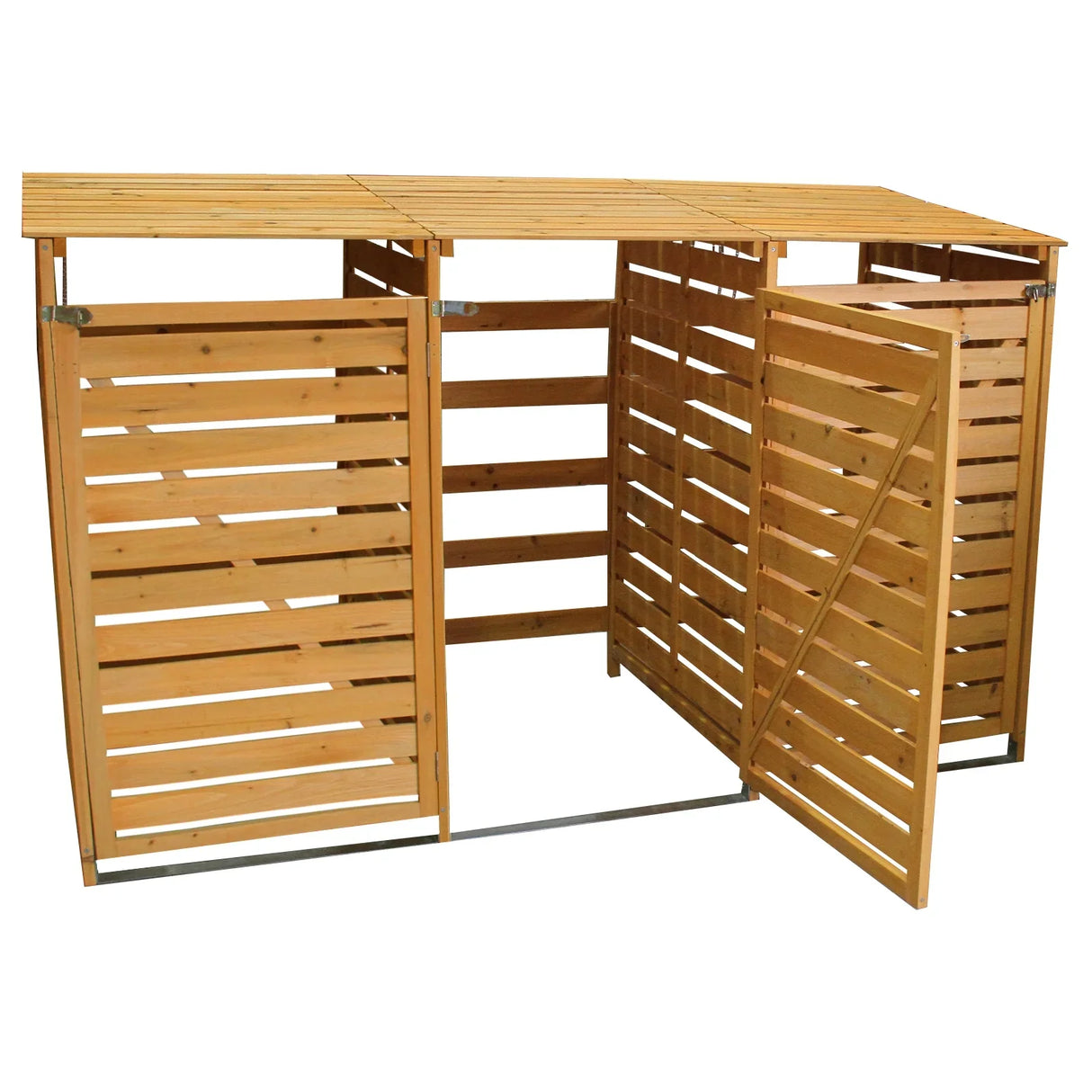 Triple wheelie bin storage made of natural wood with slatted design, featuring a hinged door and a sloped roof for easy access