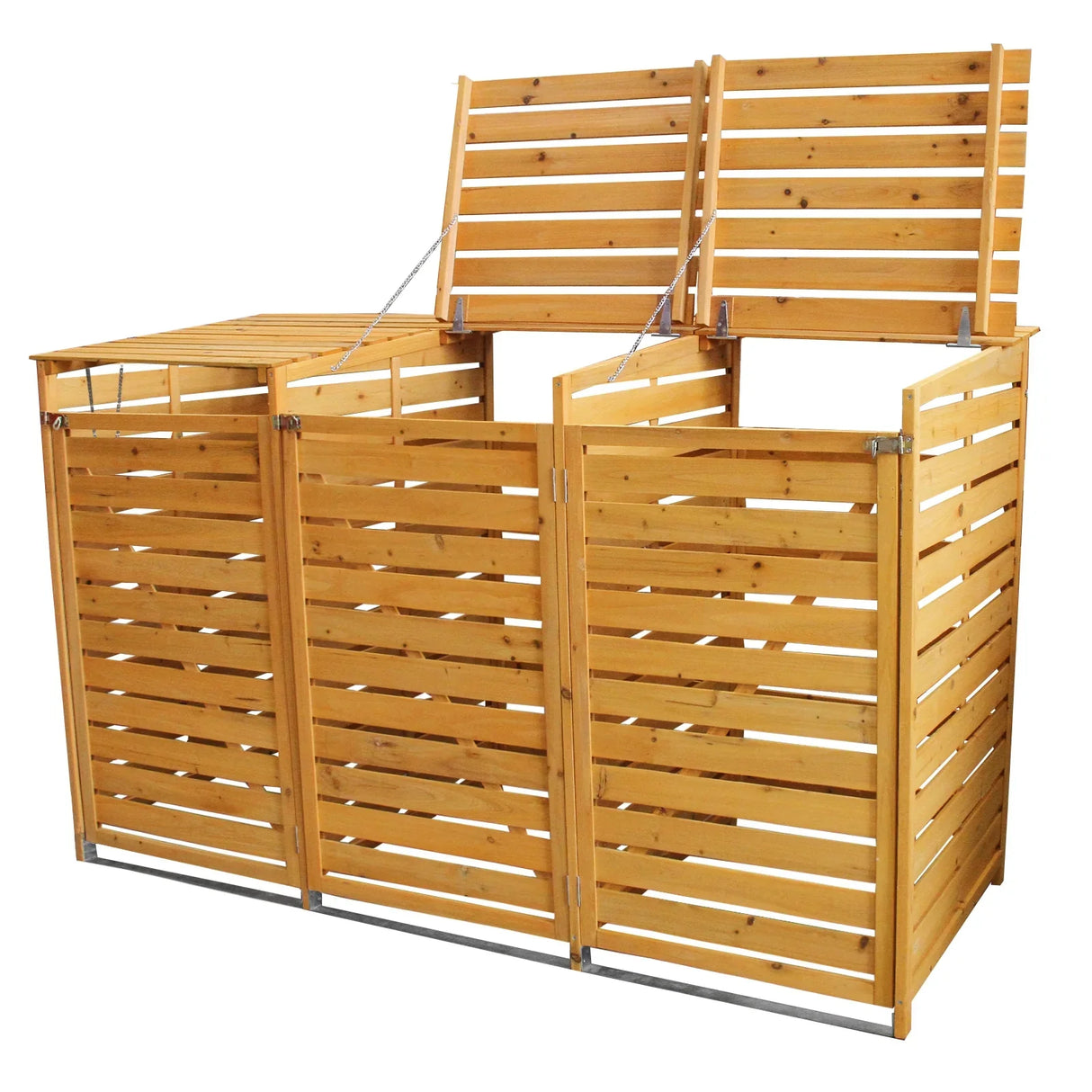 Triple wheelie bin storage made of natural wood, featuring three compartments with slatted design and hinged tops for easy access