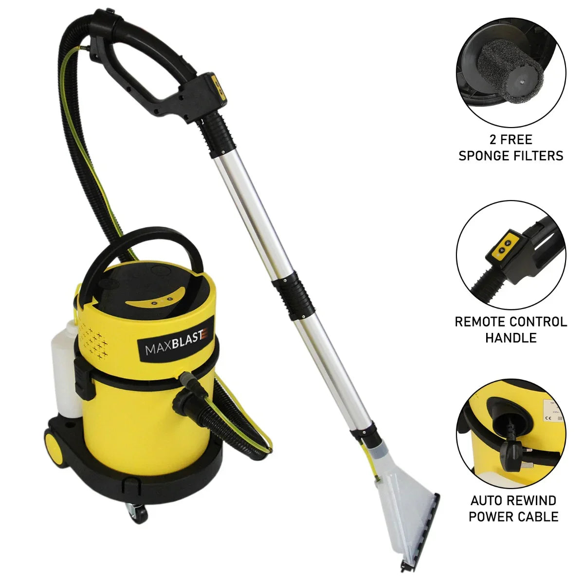 MAXBLAST Wet and Dry Vacuum Cleaner features a bright yellow and black design, 20L capacity, remote control handle, and auto rewind power cable