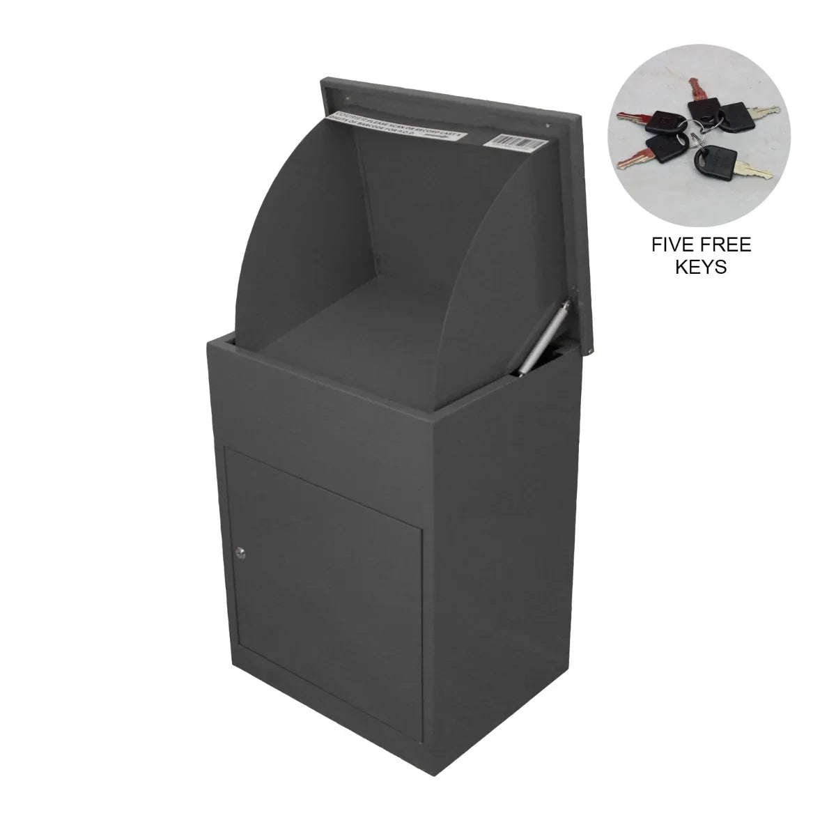 Grey parcel post box with a curved top, sturdy metal construction, and a secure front door, includes five free keys for convenience
