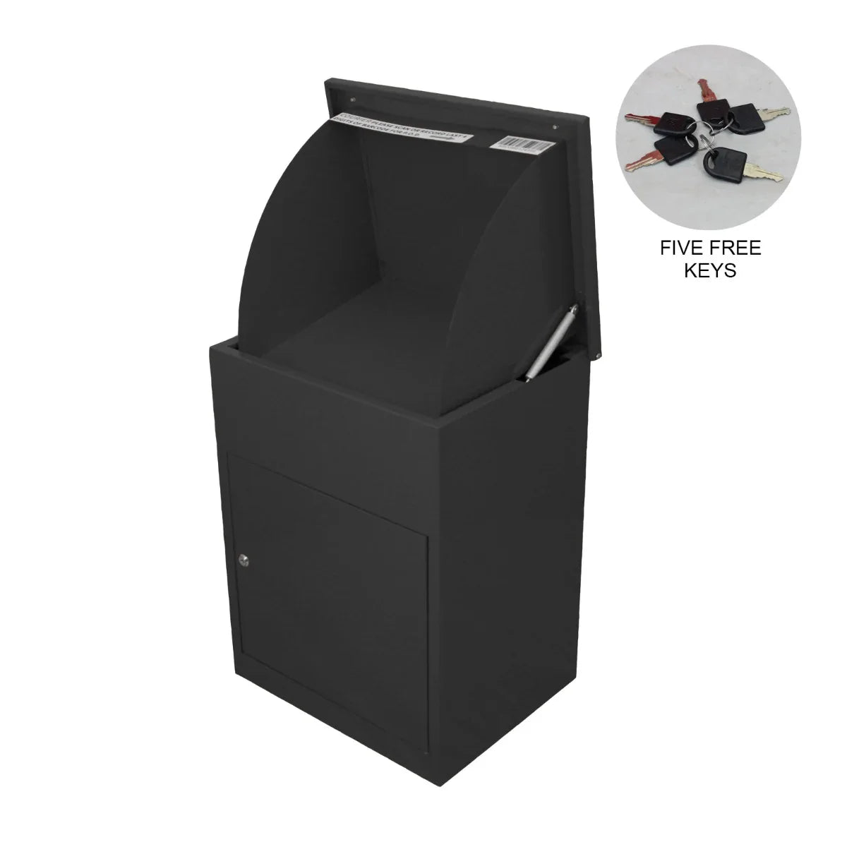 Sleek black parcel post box with a curved top, sturdy design, and secure compartment, includes five free keys for easy access