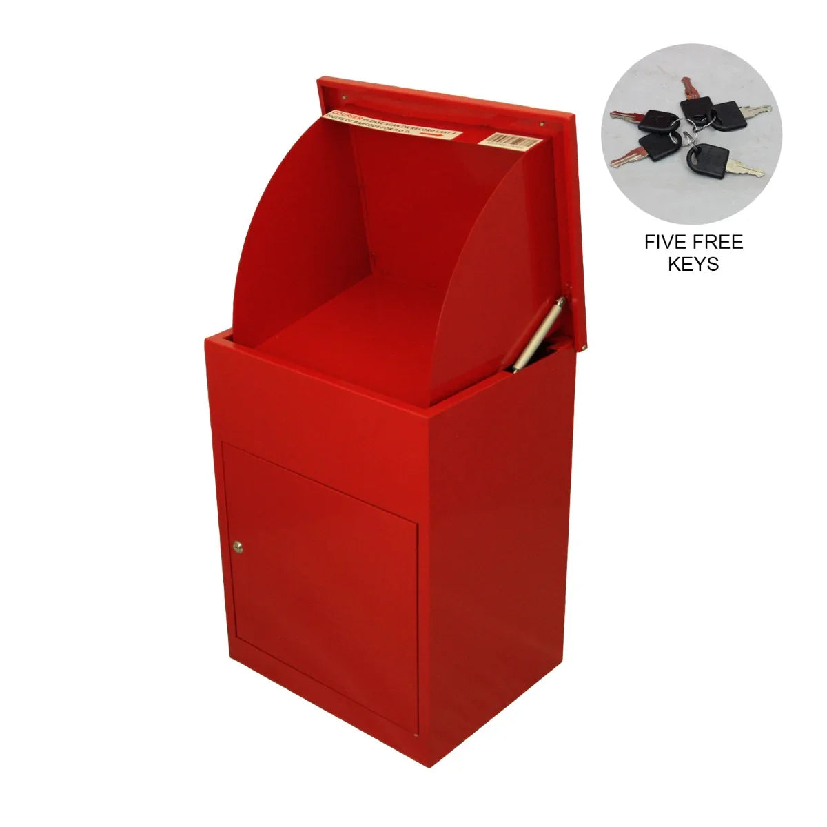 Bright red parcel post box with a curved top, sturdy metal construction, and a secure lock, includes five free keys for convenience