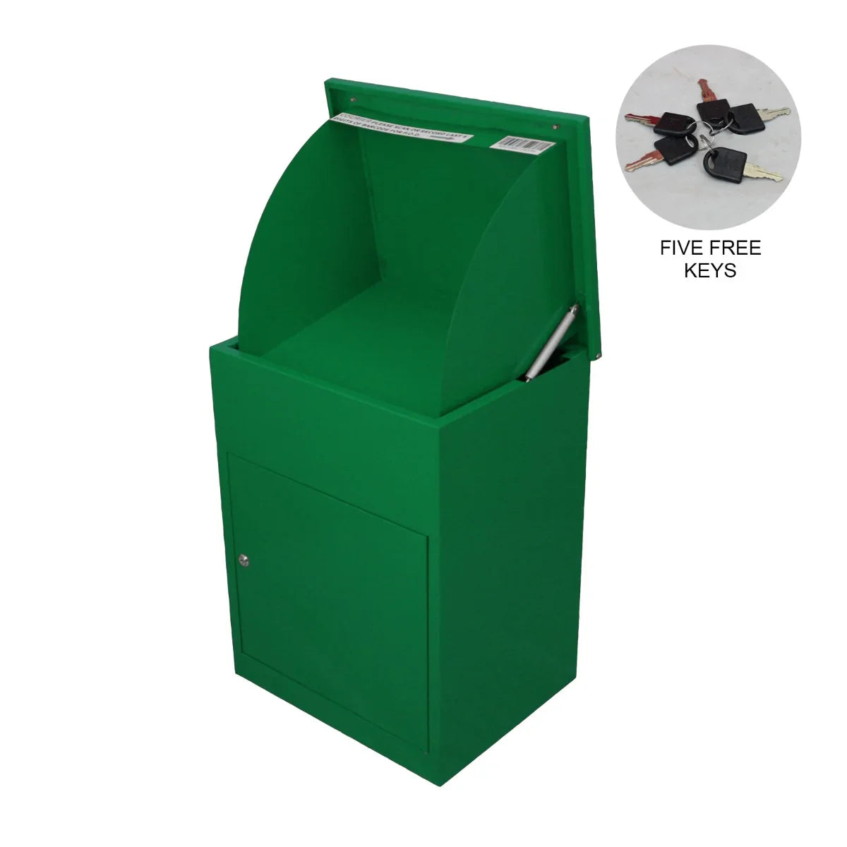 Bright green parcel post box with a curved top, sturdy metal construction, and a secure front door, includes five free keys