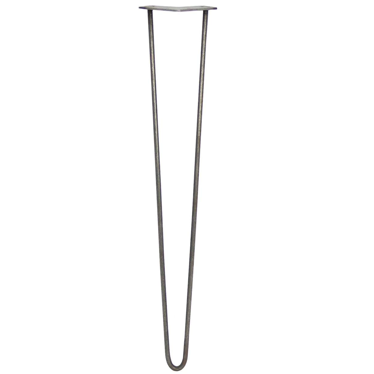 Raw steel hairpin leg, 28 inches tall, featuring a sleek, minimalist design with a 2-prong base for sturdy furniture support