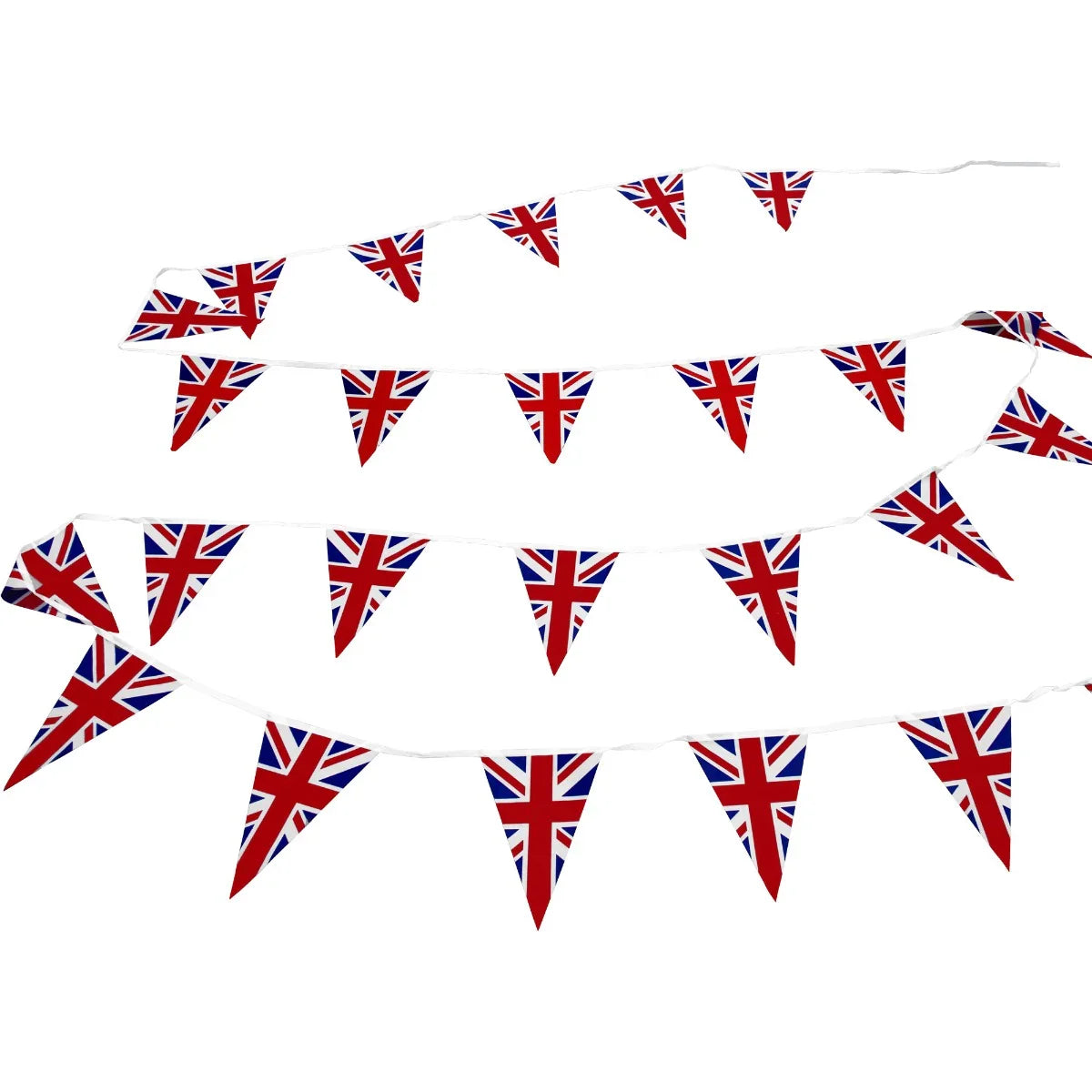 Union Jack flag bunting, 10m long, featuring vibrant red, white, and blue triangular flags, perfect for celebrations and events