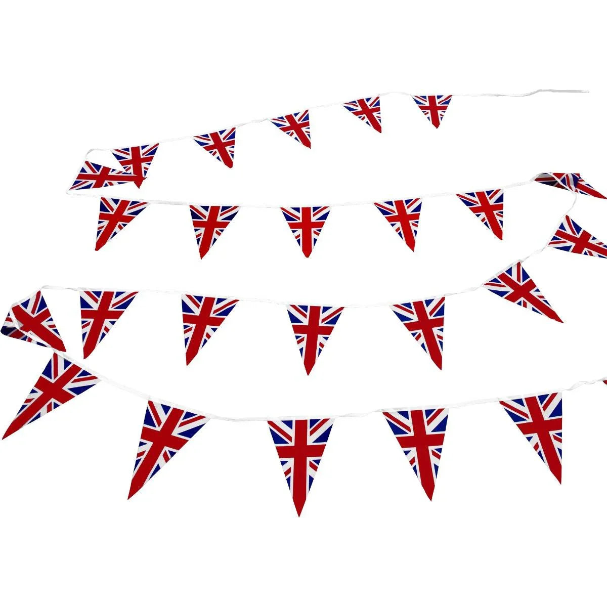 Union Jack flag bunting featuring vibrant red, white, and blue triangular flags, strung along a durable white cord, ideal for celebrations