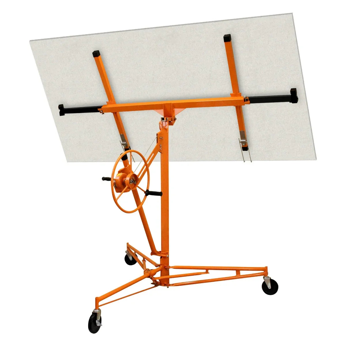 16ft drywall hoist with orange metal frame, adjustable arms, and large wheel for easy lifting and positioning of plasterboard