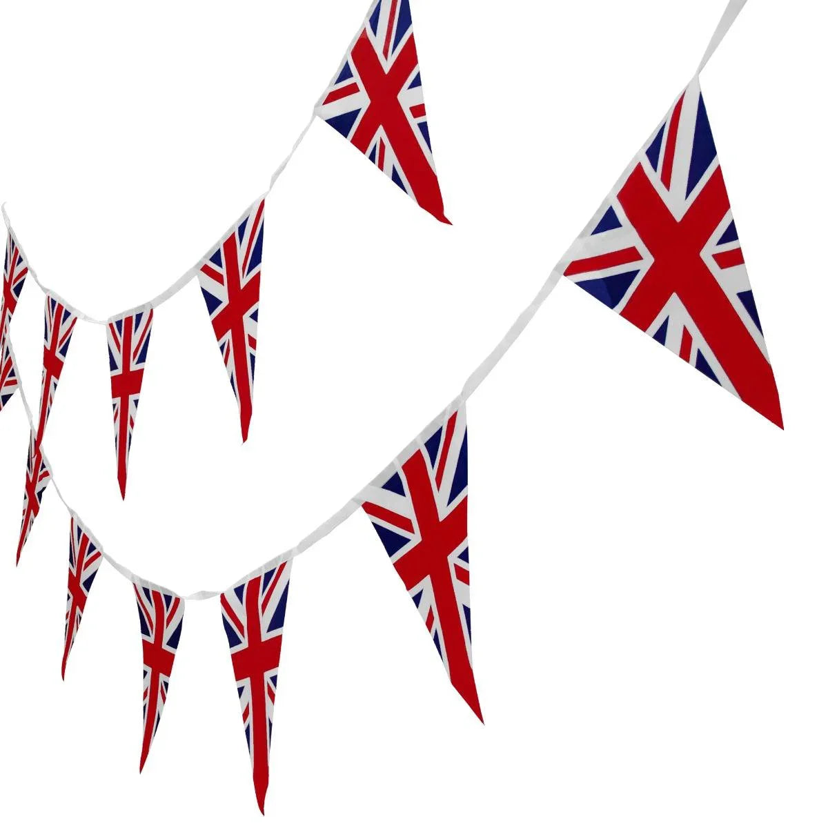 Union Jack flag bunting featuring vibrant red, white, and blue triangular flags, strung together for festive decoration, 10m long