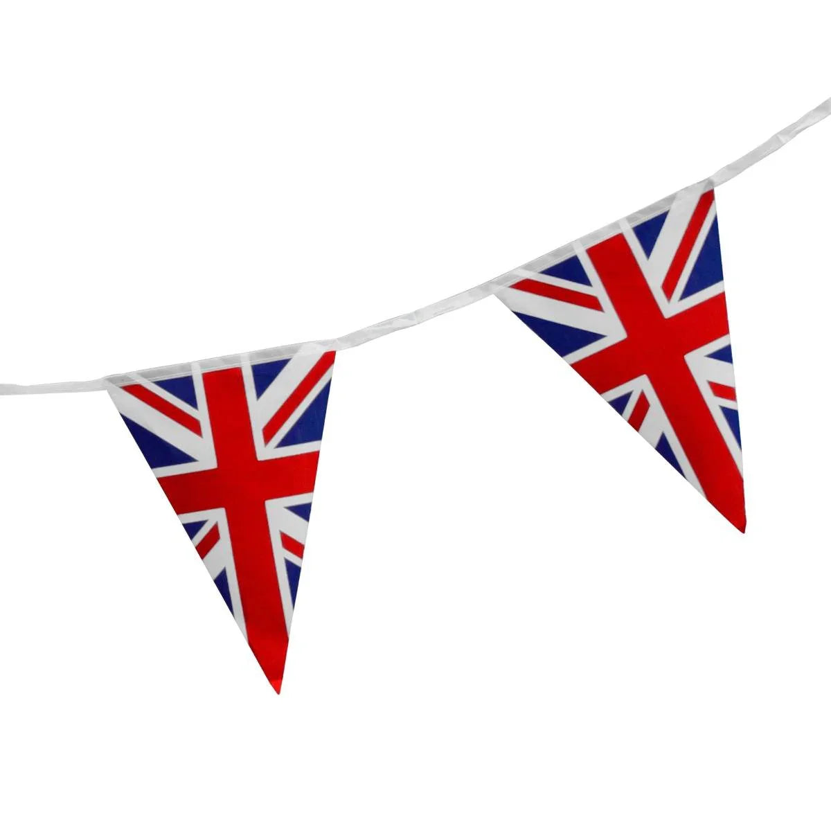 Union Jack flag bunting featuring vibrant red, white, and blue triangular flags, perfect for celebrations and events, 10m long