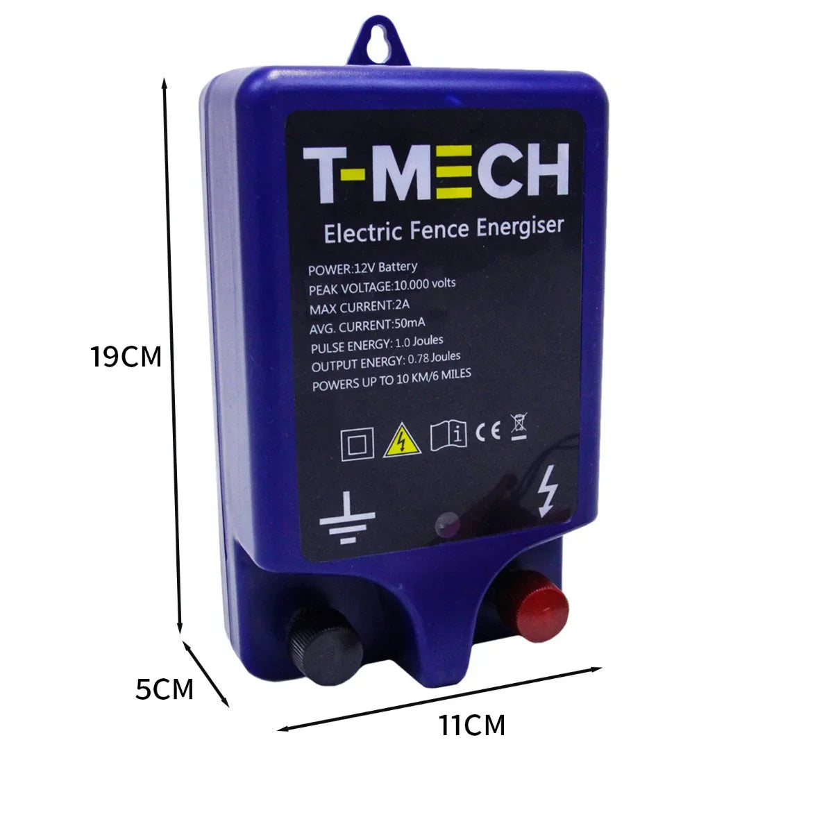T-Mech Electric Fence Energiser in blue with red and black terminals, dimensions 19cm x 11cm x 5cm, designed for effective livestock protection