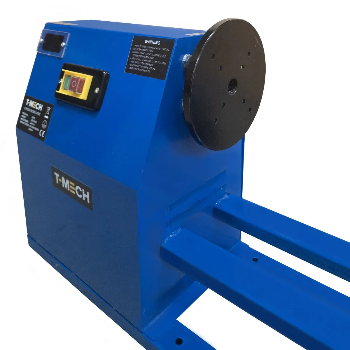 T-Mech wood lathe in vibrant blue with a sturdy base, featuring a control panel and a smooth, round headstock for precision turning