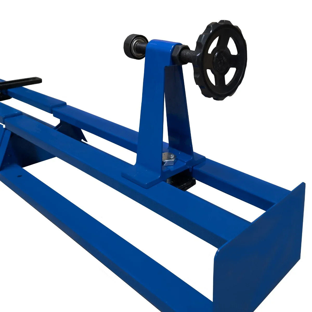 T-Mech Wood Lathe features a sturdy blue metal frame with a precision handwheel for adjusting the tool rest height and position