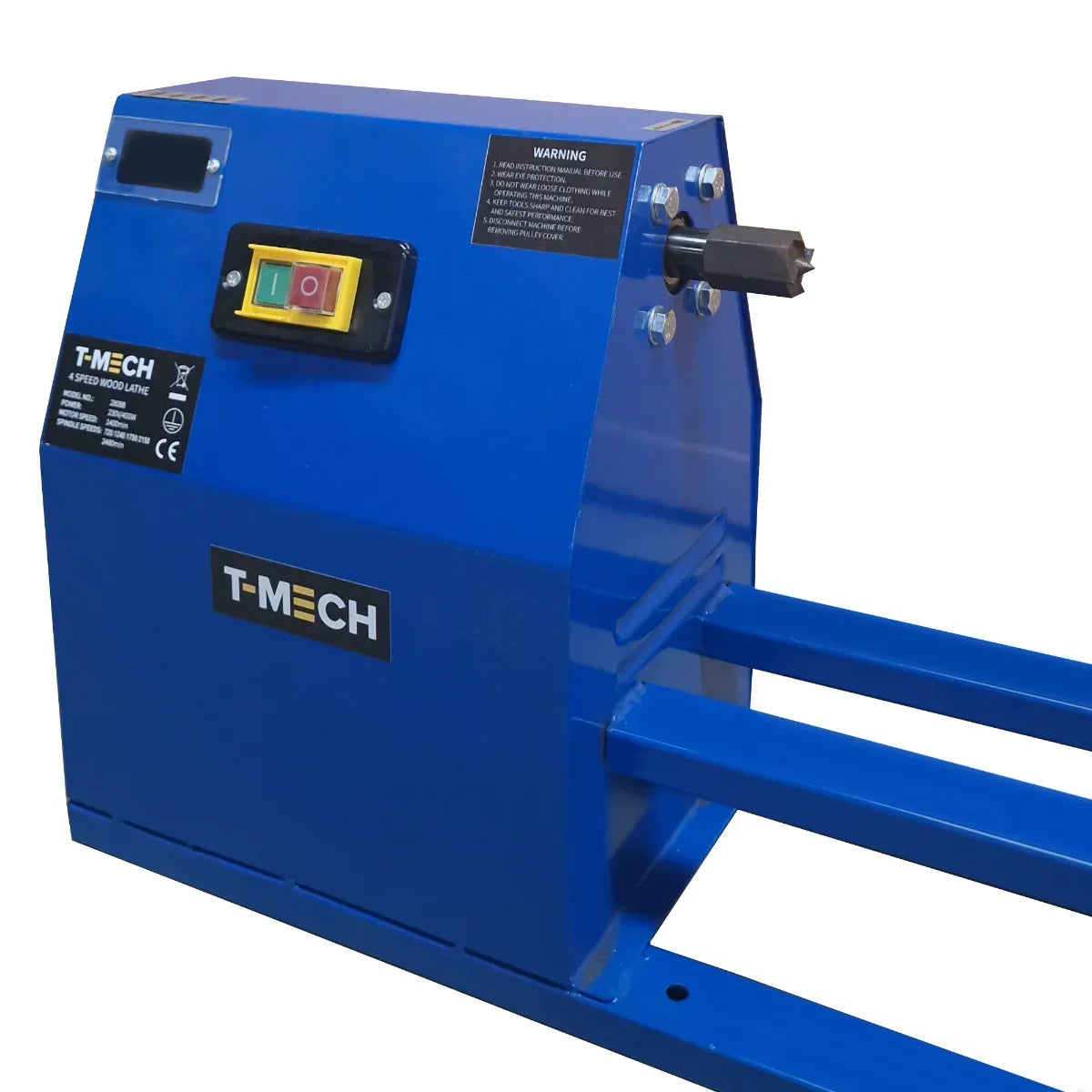 T-Mech wood lathe in vibrant blue, featuring a control panel with buttons, a sturdy build, and a spindle for woodworking projects