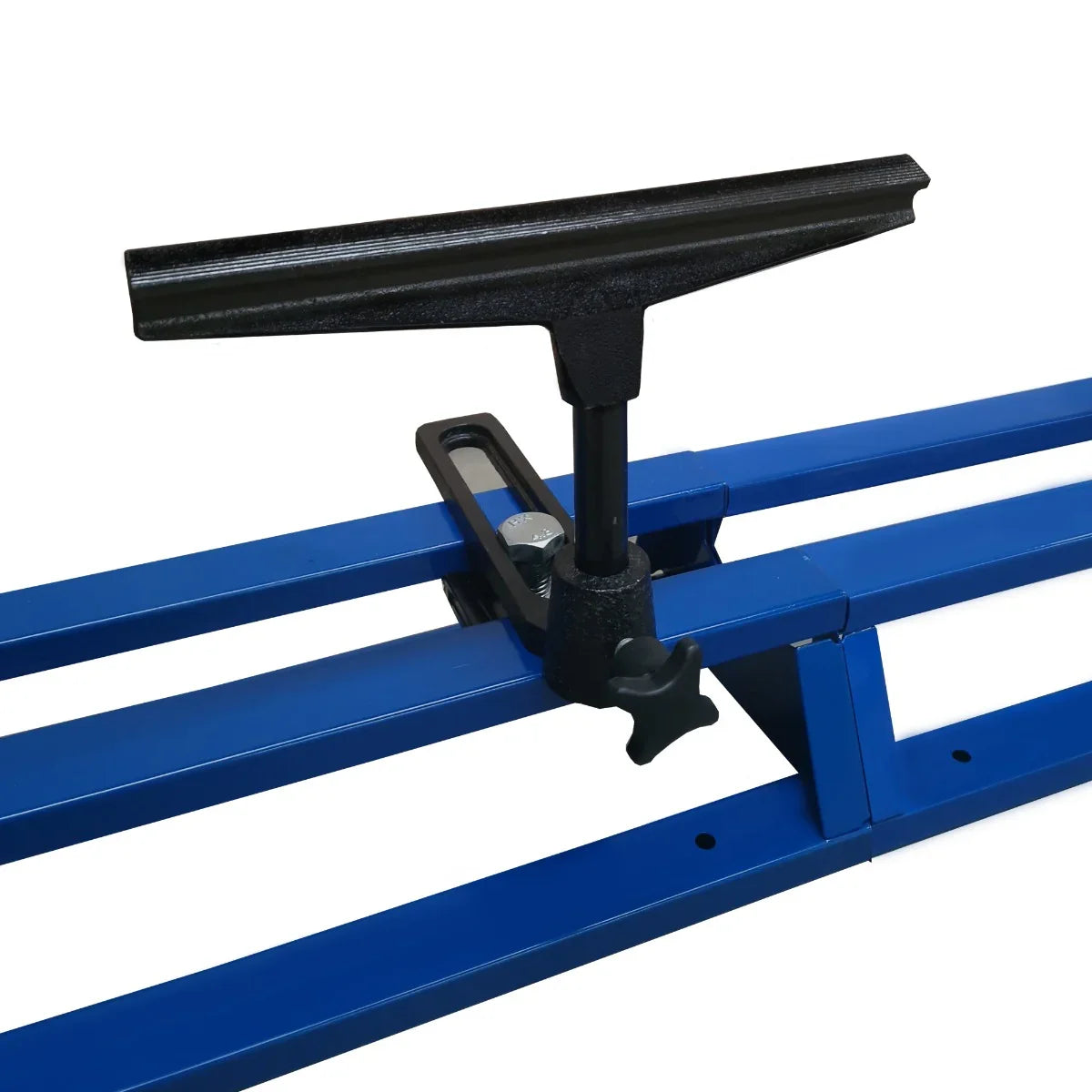T-Mech Wood Lathe blue metal bed with adjustable tool rest, featuring a sturdy black handle and precise positioning mechanism
