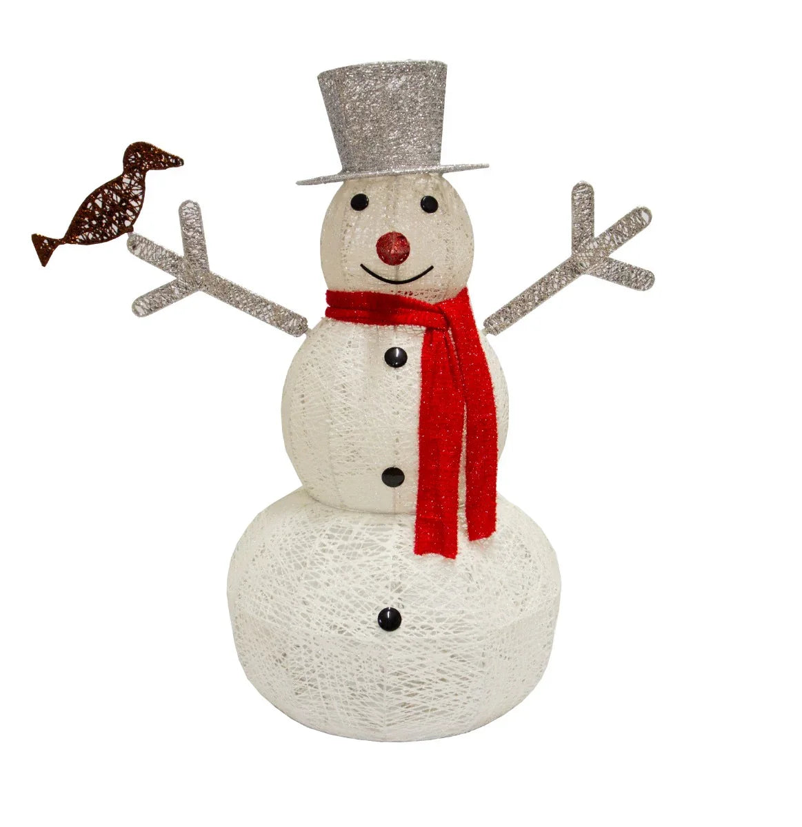 Light-Up Snowman with a silver top hat, red scarf, and glittery arms, featuring a cheerful face and a decorative bird accessory