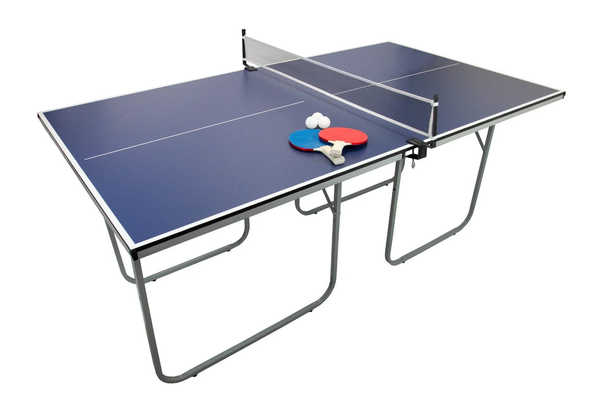 Folding table tennis table with a blue playing surface, white lines, net, and included paddles and balls, perfect for indoor or outdoor use