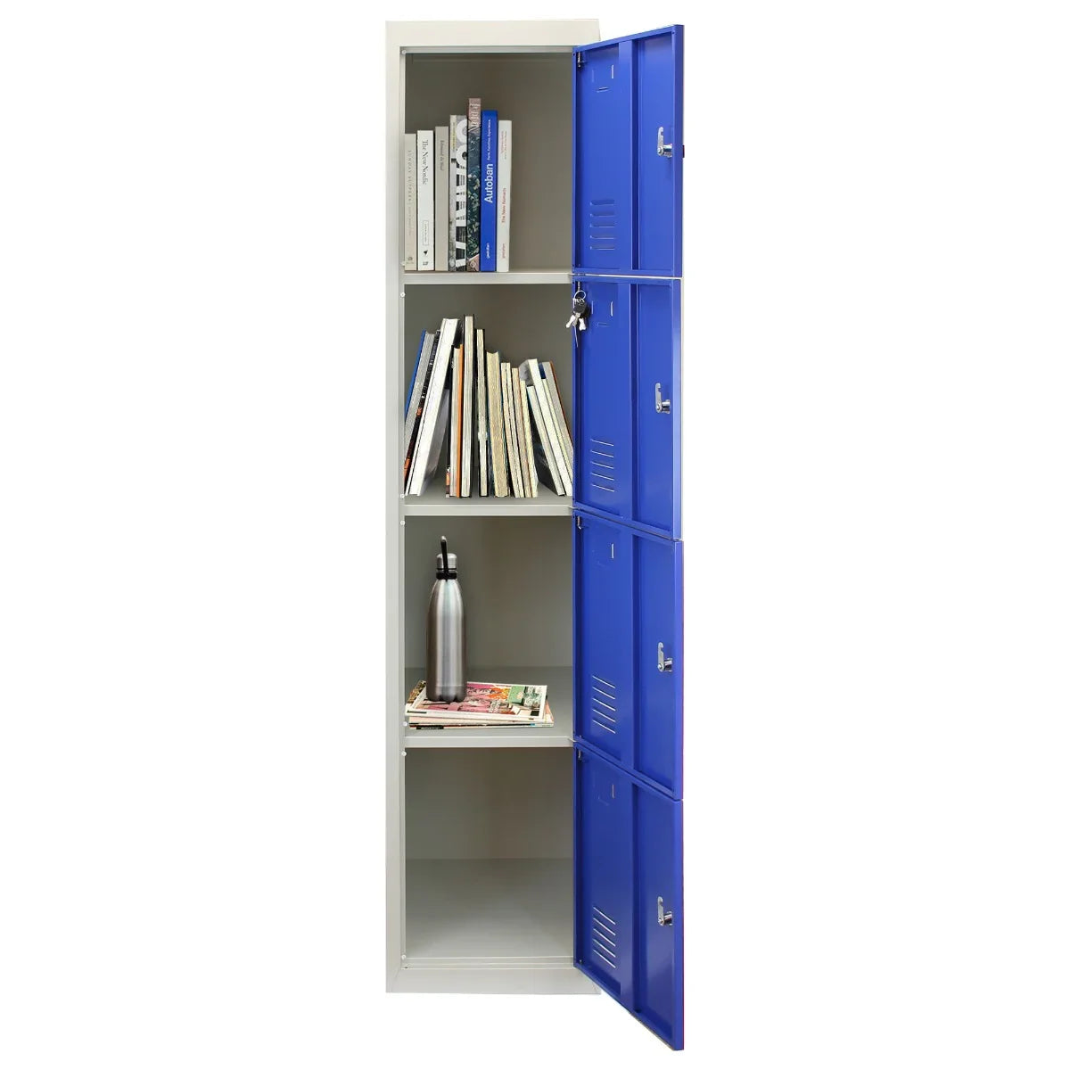 Blue metal storage lockers with four doors, featuring a sleek design and ample space for books and personal items