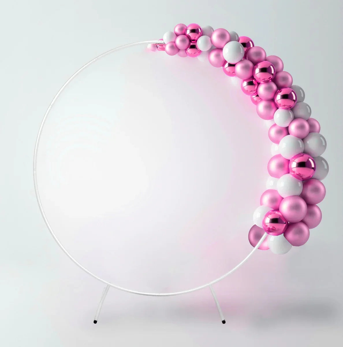 Elegant white wedding moongate, 200cm, adorned with pink and white glossy balloons, perfect for ceremonies and photo backdrops