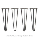 4 x 16" Hairpin Legs - 3 Prong - 10mm - Raw Steel
