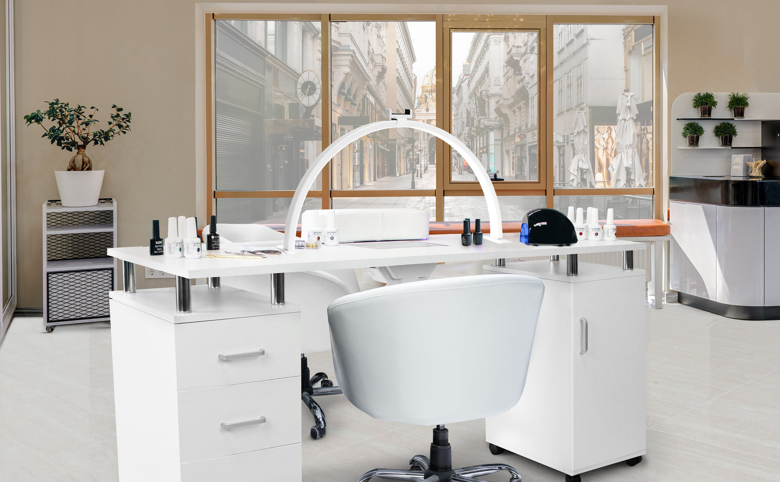 Modern salon interior featuring a sleek white manicure station, ergonomic chair, and organized nail polish display with natural light streaming in