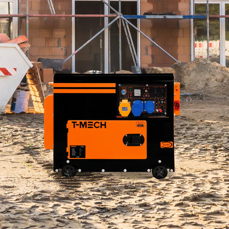 Portable orange-and-black T-MECH generator on wheels positioned on a construction site, with scaffolding, bricks, and building materials visible in the background.